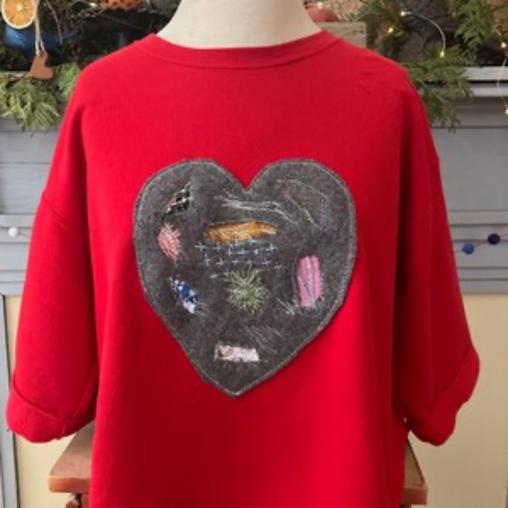 One-of-a-Kind Reworked Red Sweatshirt • Wool Mended Heart